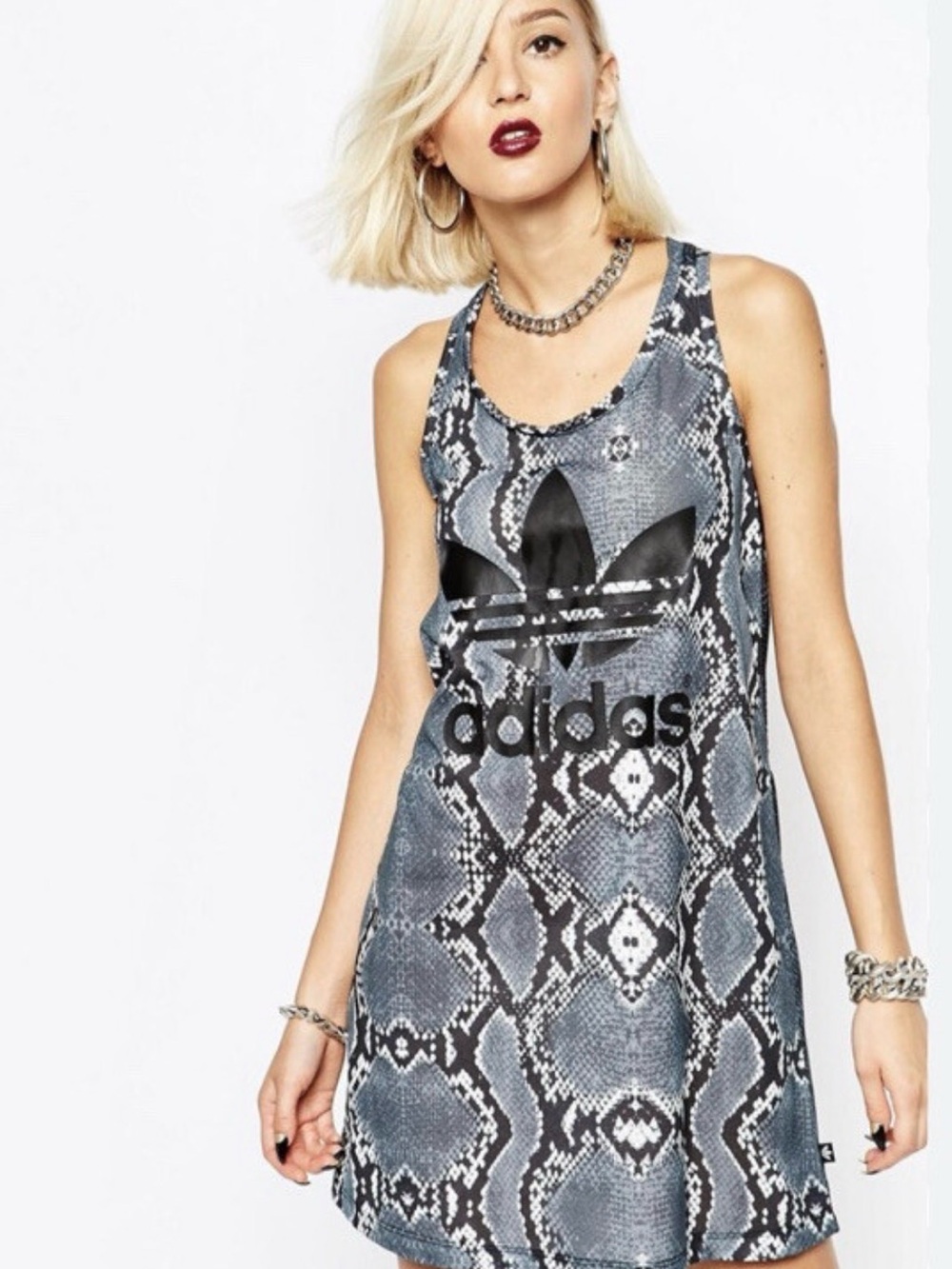 adidas Gray Snake-Print Tank Dress with Black Trefoil